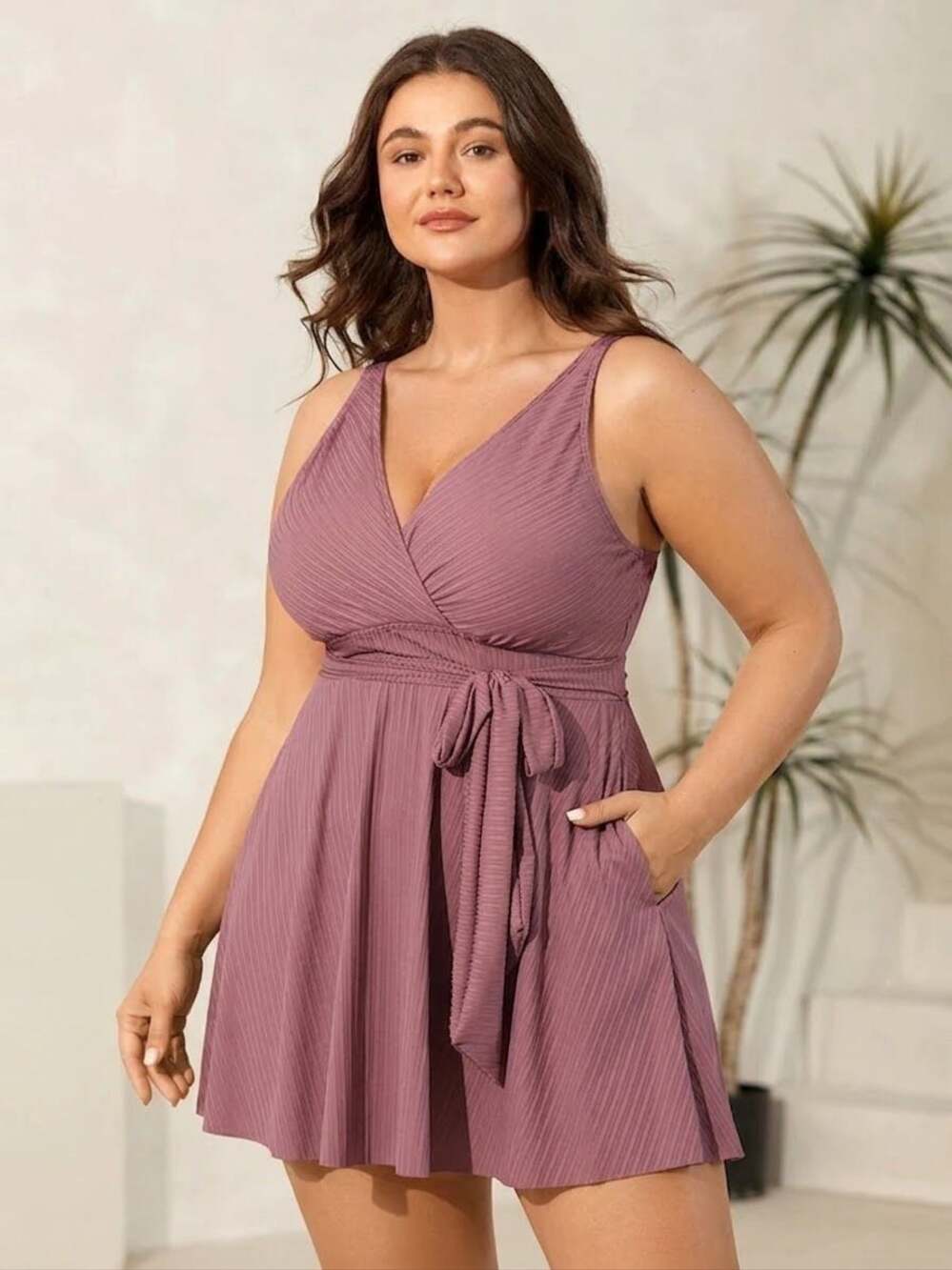 Plus Size 1X 14-16 BloomChic Textured Belted Swim Dress with Pockets